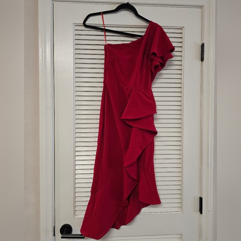 True Violet - Red One-Shoulder Ruffle Evening Long Dress